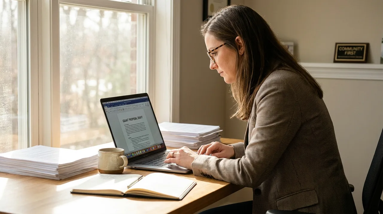 A nonprofit professional writing a grant proposal on a laptop at a bright organized desk